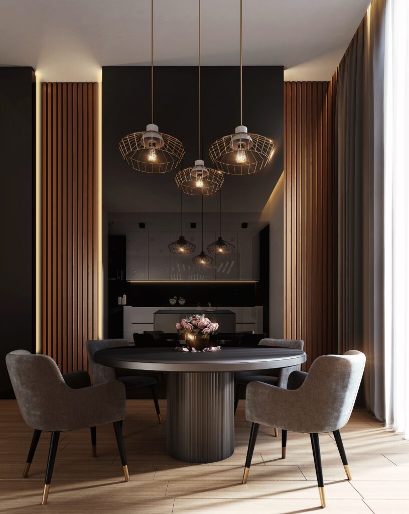 The Brighter Living - Gray Dining Table Under Pendant Lamps